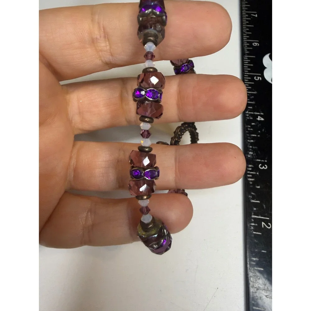 Purple Faceted Glass Bead Bracelet Bronze Tone Floral Toggle Clasp Rhinestone